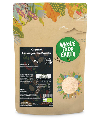 Organic Ashwagandha powder in a clear jar, highlighting herbs and spices from Whole Food Earth for health and wellness.