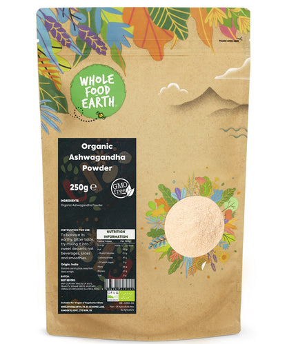 Organic Ashwagandha powder in a 250g package from Whole Food Earth, herbal supplement for wellness and stress relief.