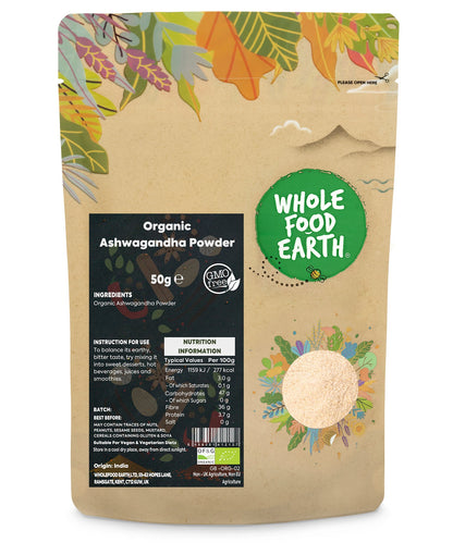 Organic Ashwagandha powder from Whole Food Earth, 50g, showing fine, earthy herbal powder in a clear container.
