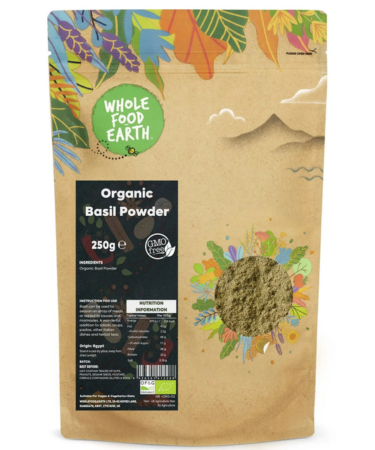 Organic basil powder in a jar, organic herbs and spices by Whole Food Earth, fresh green powdered basil for cooking and seasoning.