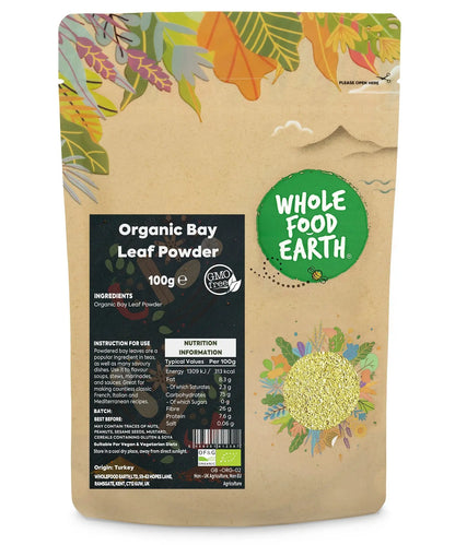 Organic bay leaves powder from Whole Food Earth, 100g, in a clear jar, showing the finely ground herbal spice.