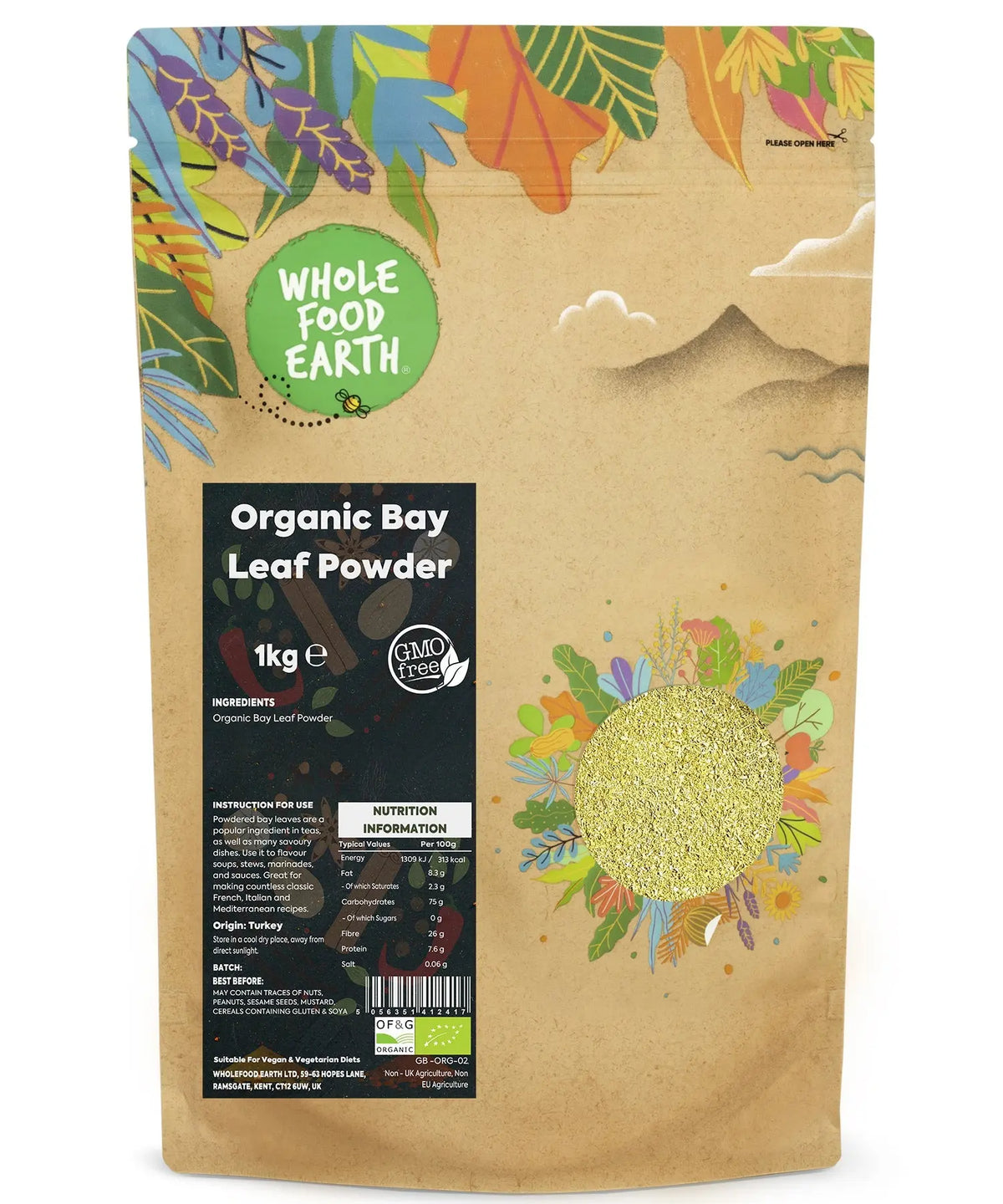 Organic bay leaves powder in a jar, highlighting fresh, organic herbs and spices by Whole Food Earth.