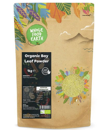 Organic bay leaves powder in a jar, highlighting fresh, organic herbs and spices by Whole Food Earth.