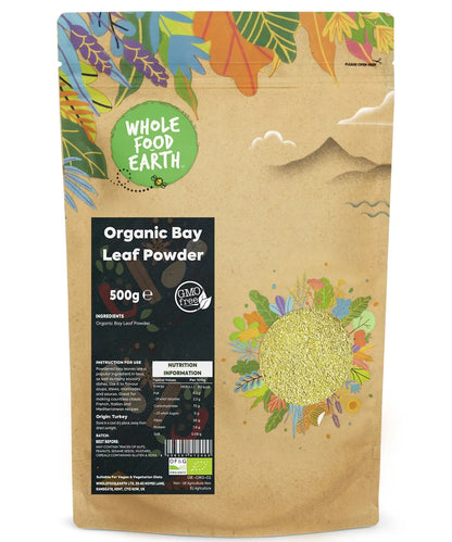 Organic Bay Leaves Powder in 500g, a natural herb and spice from Whole Food Earth, shown in a clear container with fresh leaves.