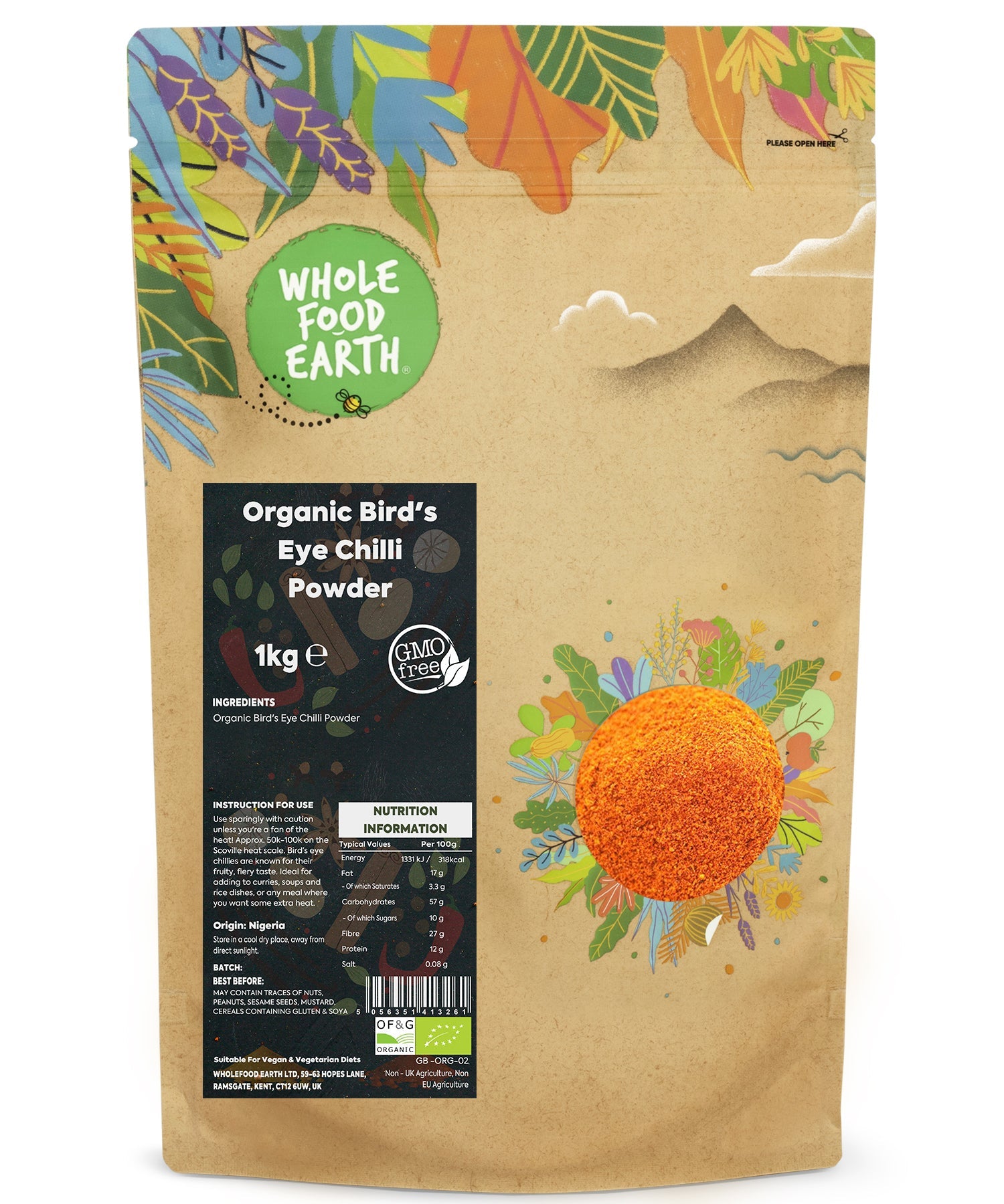 Organic Bird's Eye Chilli Powder from Whole Food Earth in a 1kg package, showcasing bright red chili powder in a clear container.