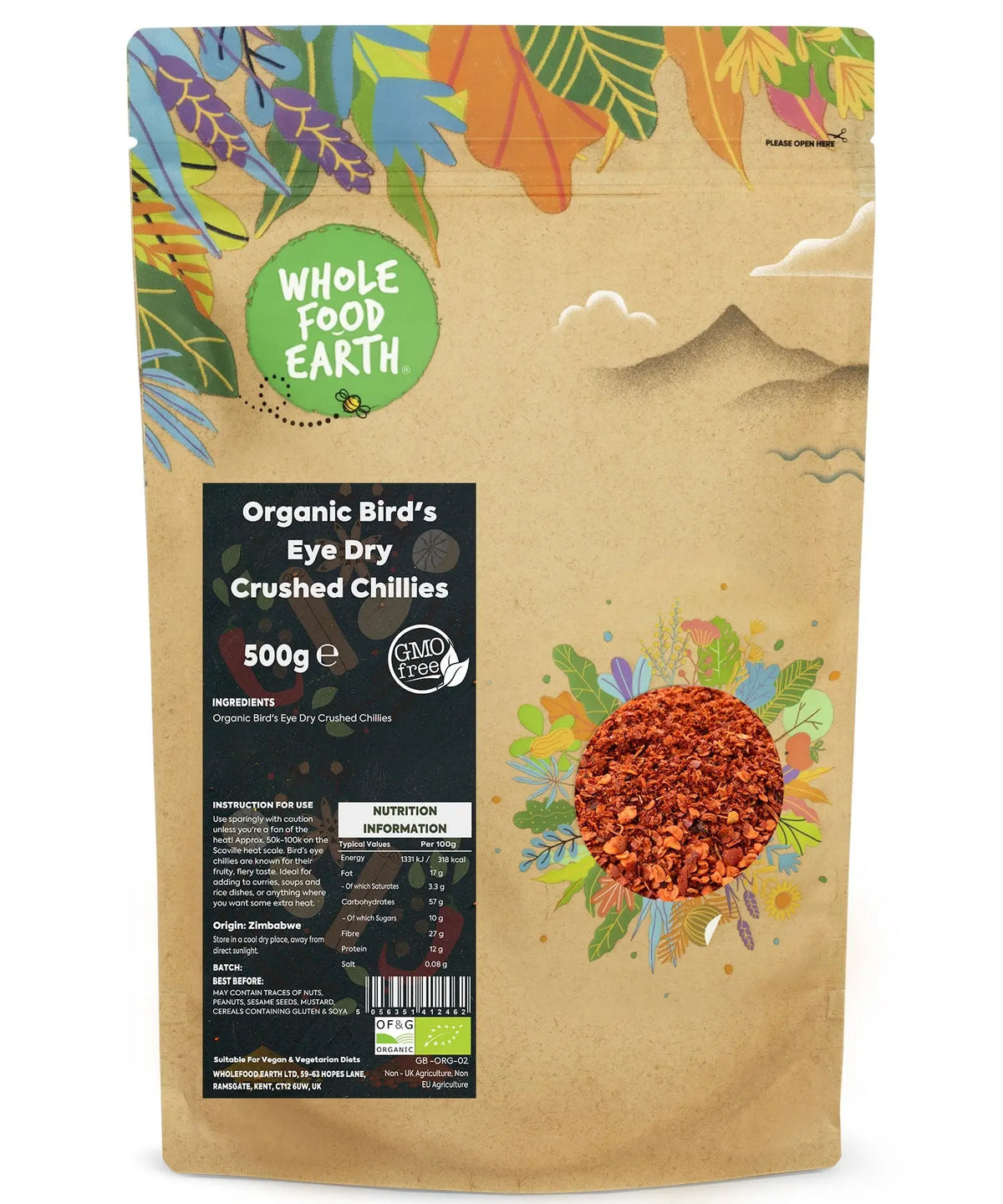 Crushed organic Bird's Eye chili peppers in a clear jar, highlighting the dried red chillies used as herbs and spices.