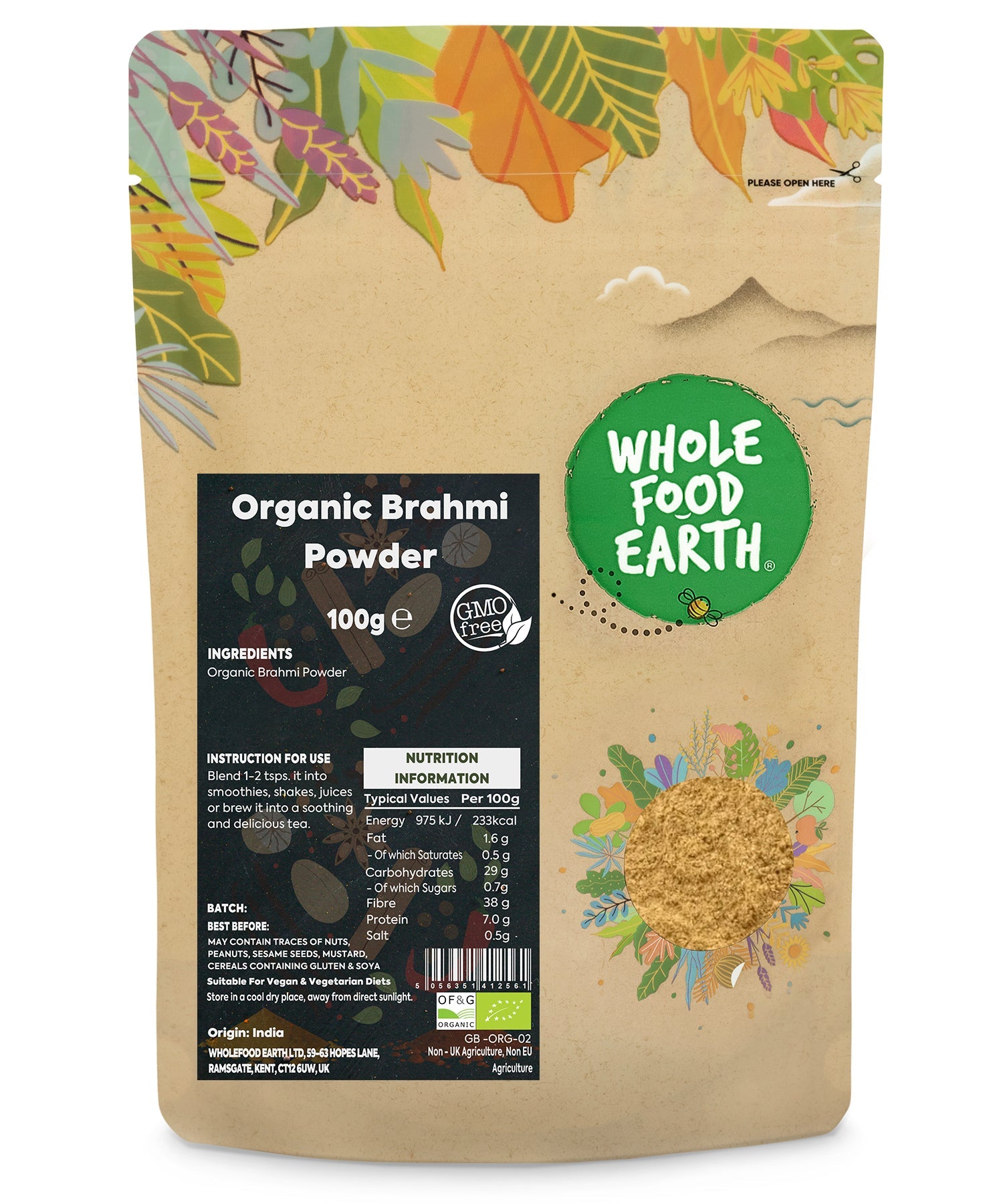 Organic Brahmi powder from Whole Food Earth, 100g, fine herbal spice in a clear container with a natural, earthy color.