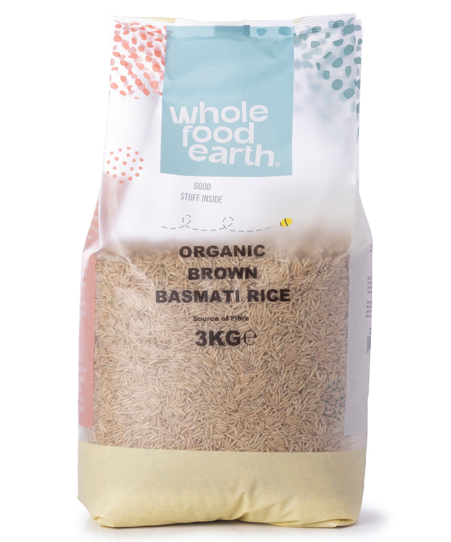 Organic brown basmati rice from Whole Food Earth, 3kg bag, showcasing long grain, natural brown rice in a close-up view.
