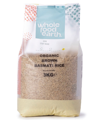 Organic brown basmati rice from Whole Food Earth, 3kg bag, showcasing long grain, natural brown rice in a close-up view.