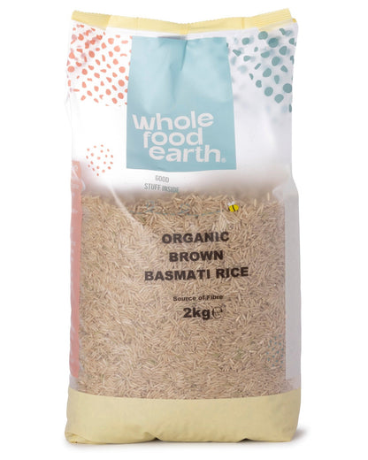 Two kilograms of Whole Food Earth organic brown basmati rice in a clear bag, showcasing long, fragrant rice grains.