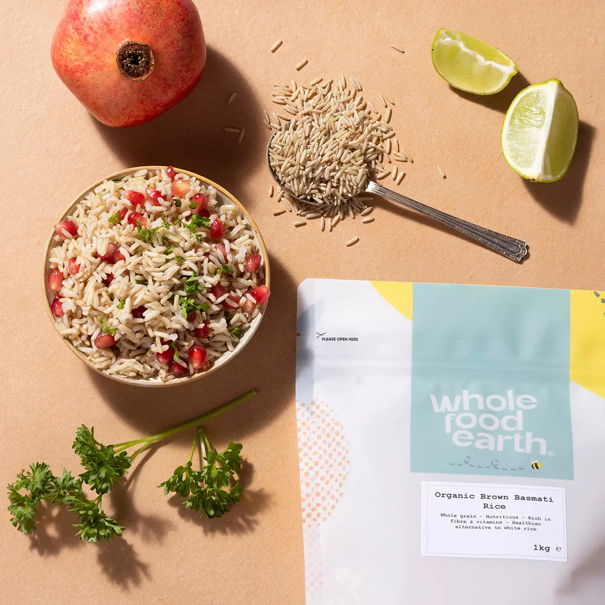 Organic brown Basmati rice from Whole Food Earth in a kitchen setting, showcasing a bowl of cooked rice and rice grains.