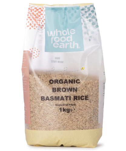 Organic Brown Basmati Rice from Whole Food Earth in a 1kg bag, showcasing long, slender grains of aromatic rice.