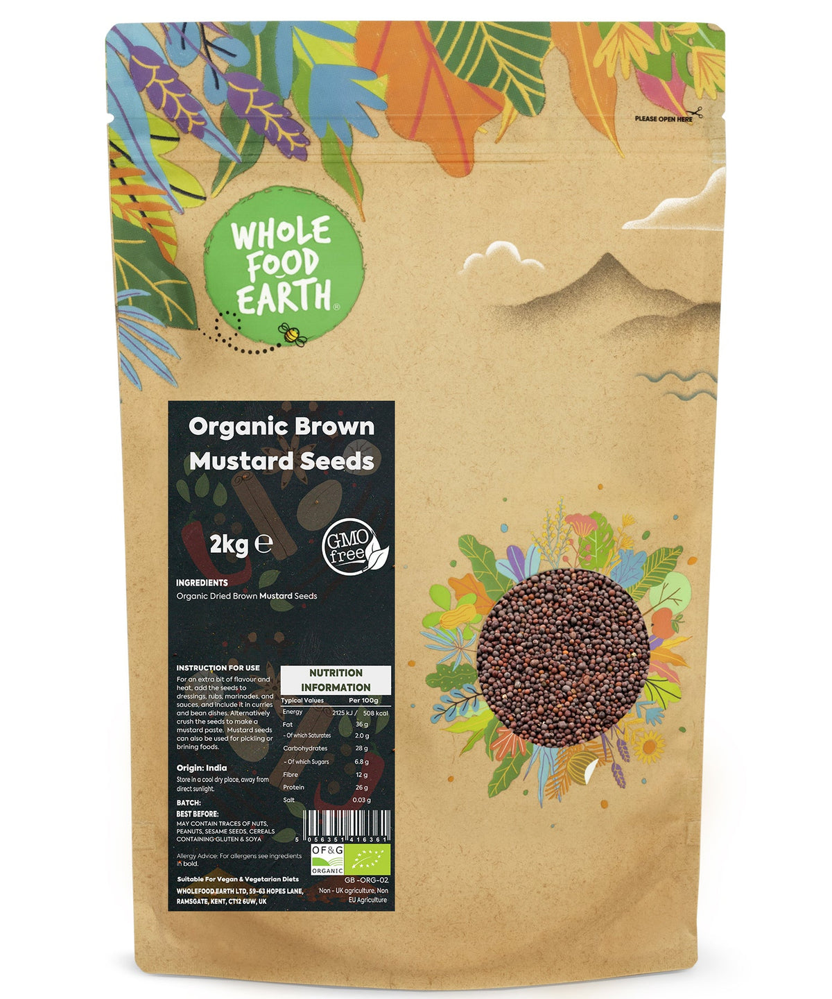 Organic brown mustard seeds in a 2kg bag, fresh herbs and spices by Whole Food Earth, with visible seeds in a clear container.