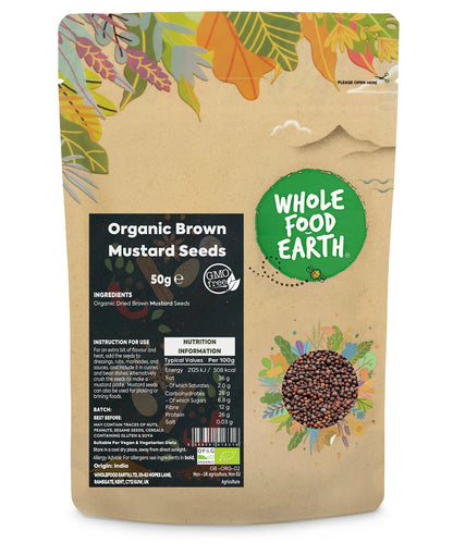 Organic brown mustard seeds in a 50g package, fresh herbs and spices by Whole Food Earth, ideal for cooking and seasoning.