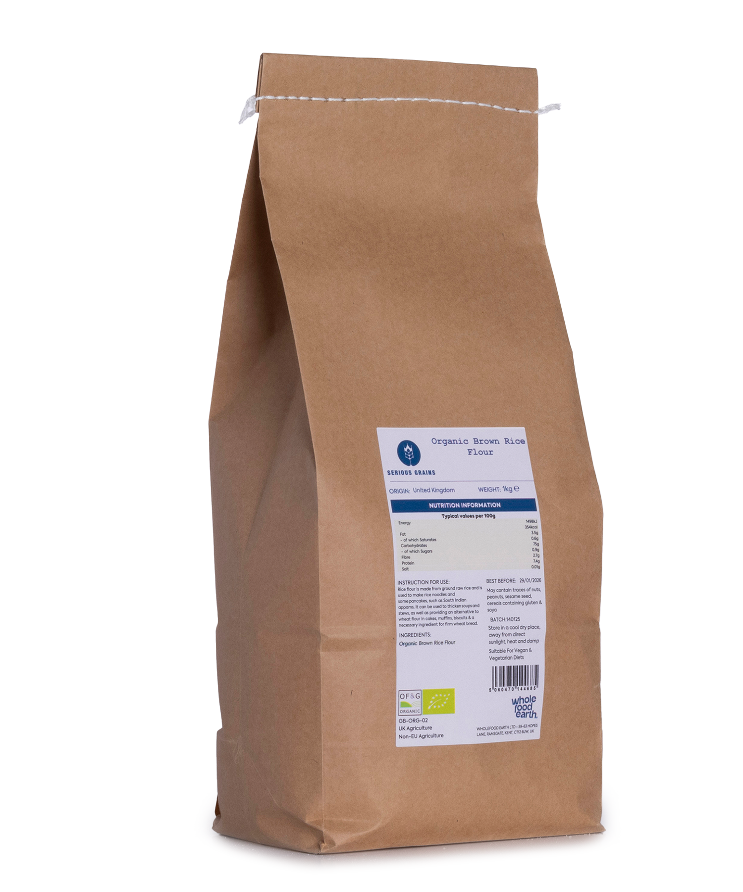 Organic brown rice flour from Serious Grains by Whole Food Earth, 1kg bag, light brown powder for baking and cooking.