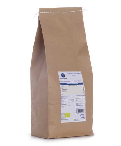Organic Buckwheat Flour from Whole Food Earth, 1kg bag, showing fine, light brown organic buckwheat flour in a resealable package.