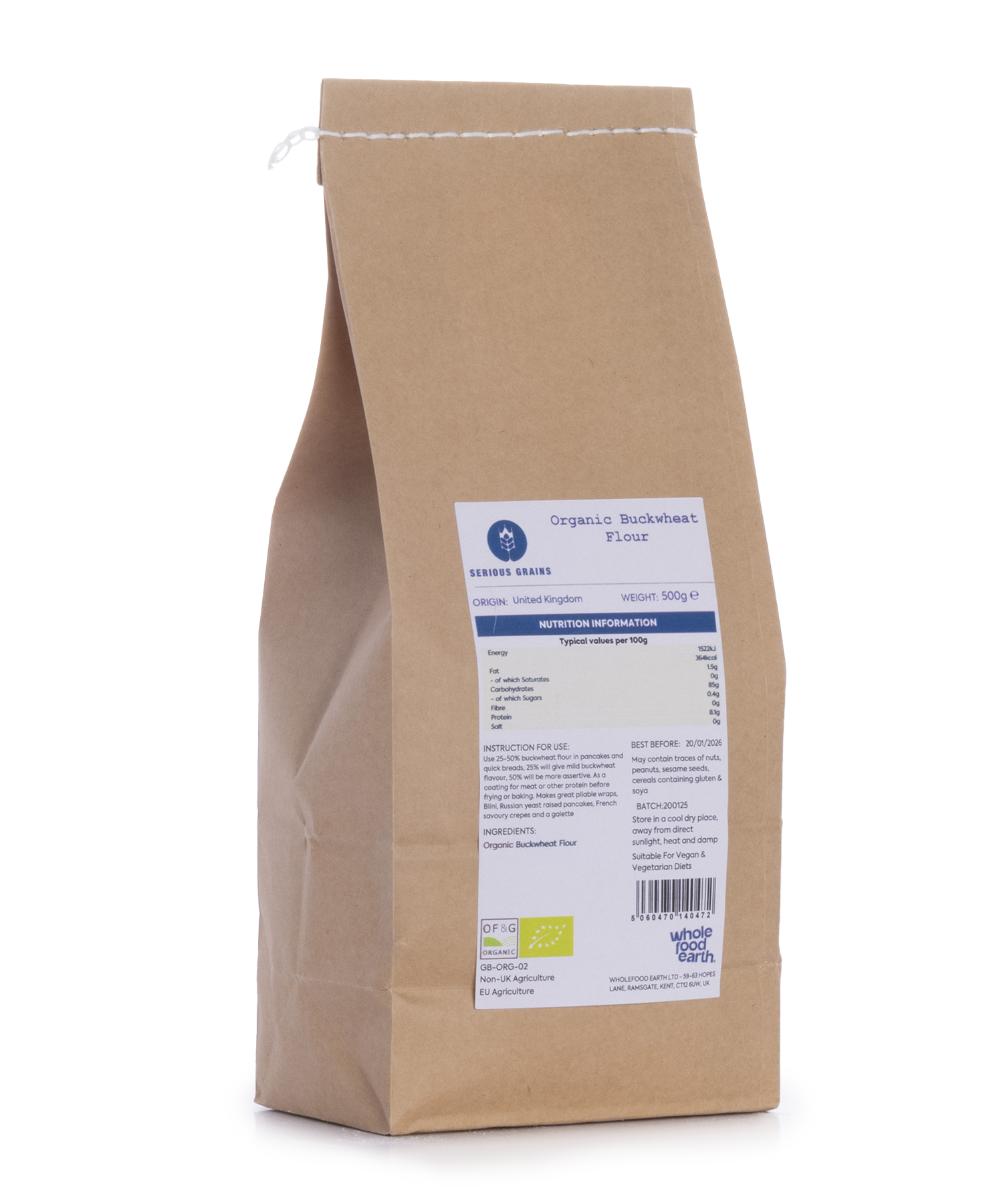Organic buckwheat flour from Whole Food Earth, 500g package, showing a clear bag of light brown gluten-free flour for baking.