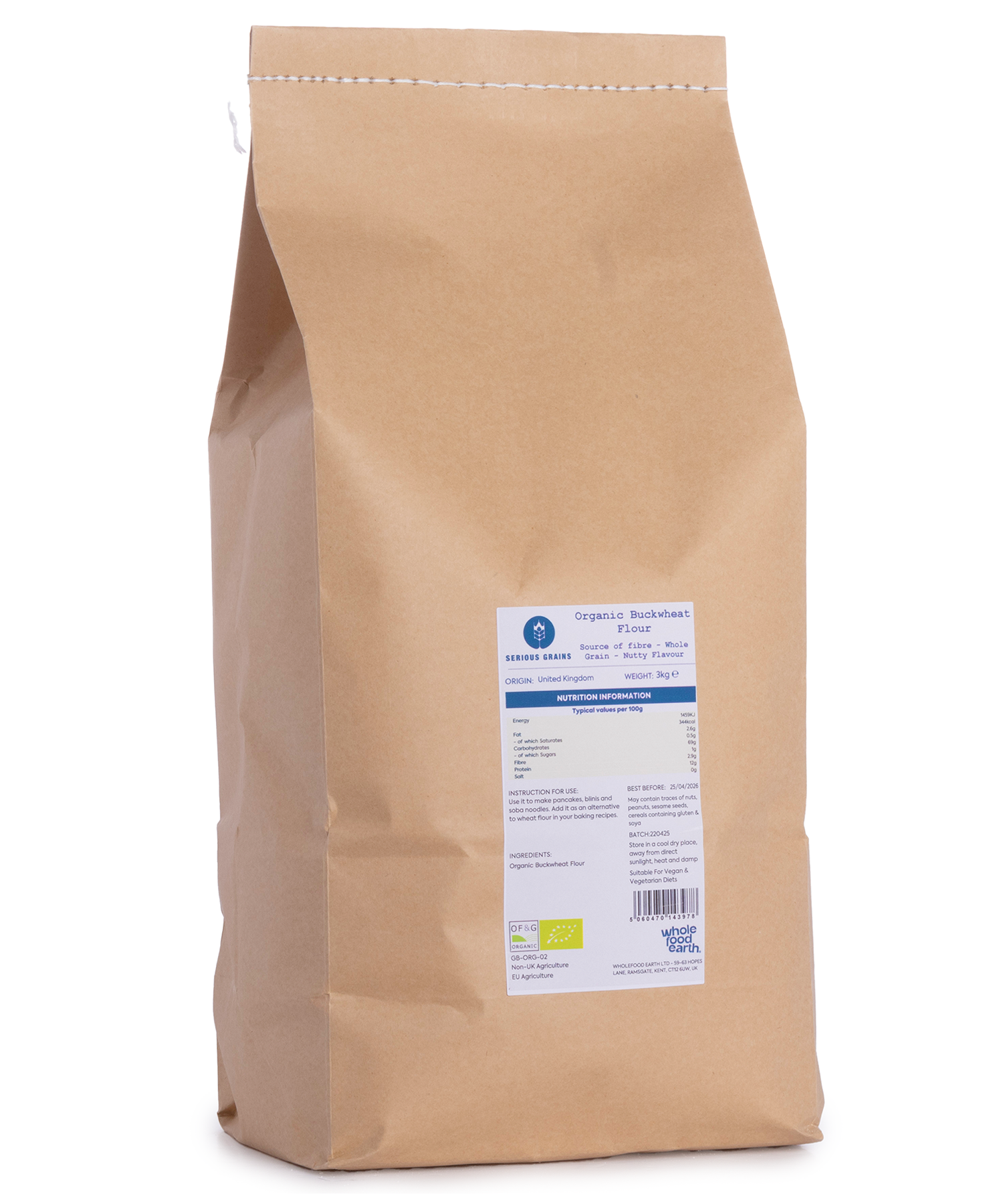 Organic Buckwheat Flour from Whole Food Earth, 3kg bag, shows light brown, finely ground flour in a clear bag.