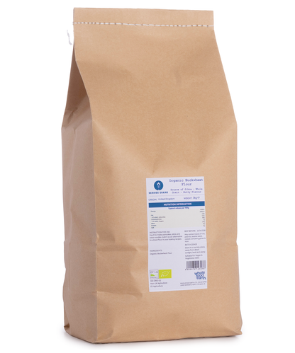 Organic Buckwheat Flour from Whole Food Earth, 3kg bag, shows light brown, finely ground flour in a clear bag.