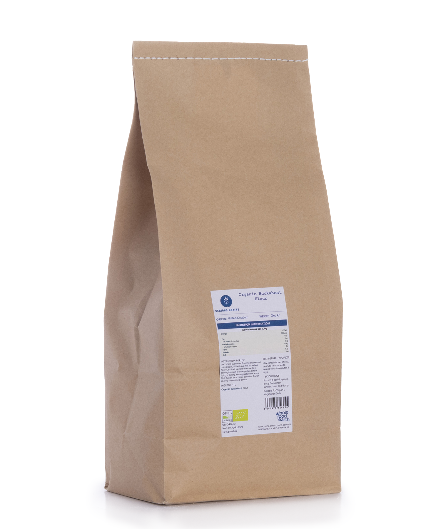 Organic buckwheat flour from Serious Grains in a 2kg bag, shown as a natural, whole food product from Whole Food Earth.