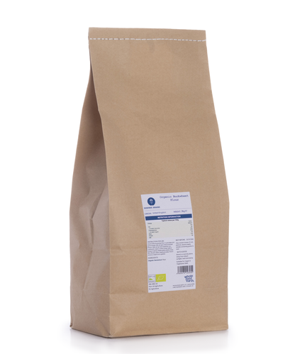 Organic buckwheat flour from Serious Grains in a 2kg bag, shown as a natural, whole food product from Whole Food Earth.