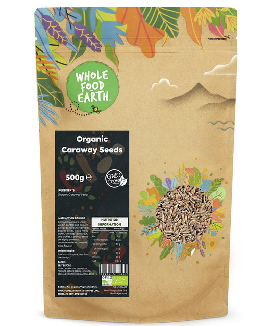 Organic caraway seeds in a 500g package from Whole Food Earth, showing fresh, whole herb seeds for cooking and baking.