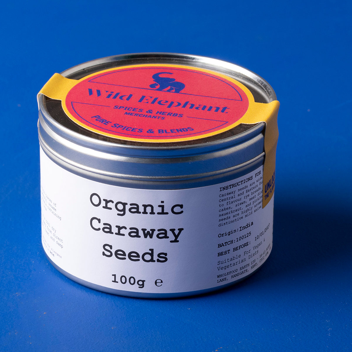 Organic caraway seeds from Whole Food Earth, wild-harvested herbs and spices, shown in a 100g package.