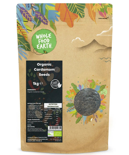 Organic black cardamom seeds in a 1kg bag, fresh herbs and spices from Whole Food Earth for cooking and flavoring.