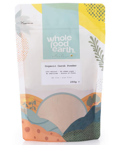 Organic Carob Powder from Whole Food Earth, a natural specialty ingredient in a 250g package with fine, dark powder texture.