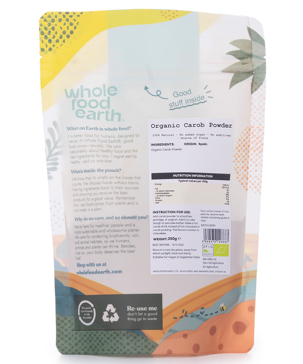 Organic Carob Powder from Whole Food Earth, specialty organic carob powder in a 250g package, shown in a clear image.