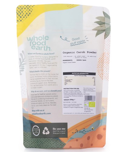 Organic Carob Powder from Whole Food Earth, specialty organic carob powder in a 250g package, shown in a clear image.