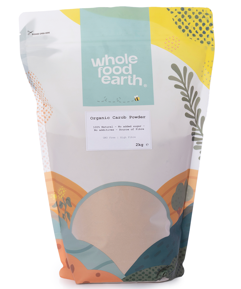 Organic Carob Powder by Whole Food Earth, 2kg bag of natural, fine, dark brown specialty powder for baking and health use.