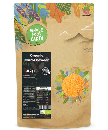Organic carrot powder from Whole Food Earth, fine orange herbal spice in a 250g package, ideal for cooking and health remedies.