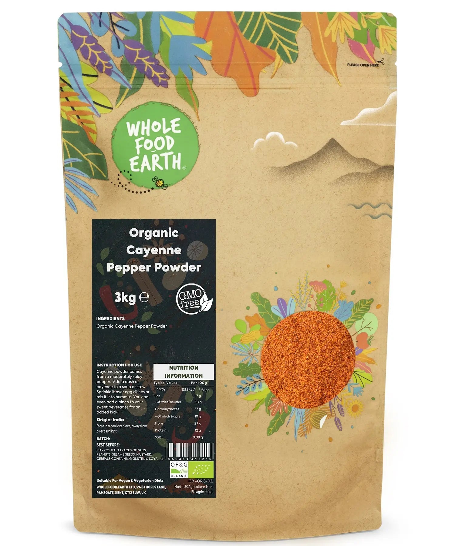Organic cayenne pepper powder in a 3kg bag from Whole Food Earth, vibrant red spice for cooking and seasoning.