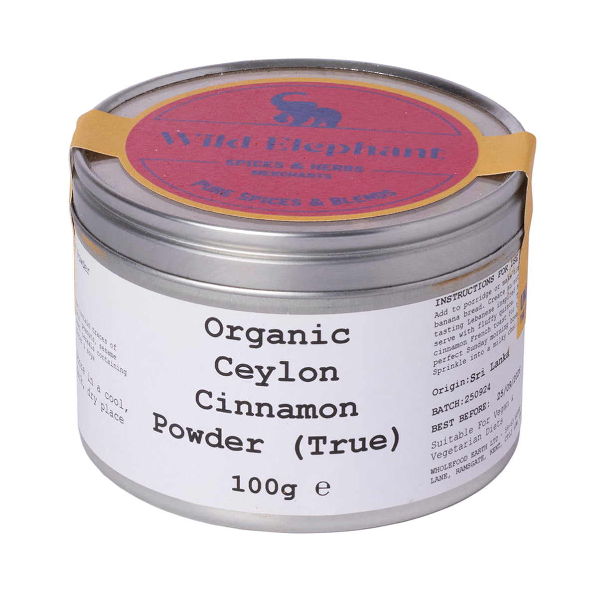 Organic Ceylon cinnamon powder from Wild Elephant in a 100g package, shown in a clean, clear image highlighting the fine spice.