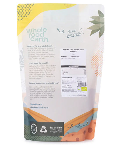 Fresh organic Ceylon cinnamon powder from Whole Food Earth, showcasing fine ground cinnamon in a 500g package.