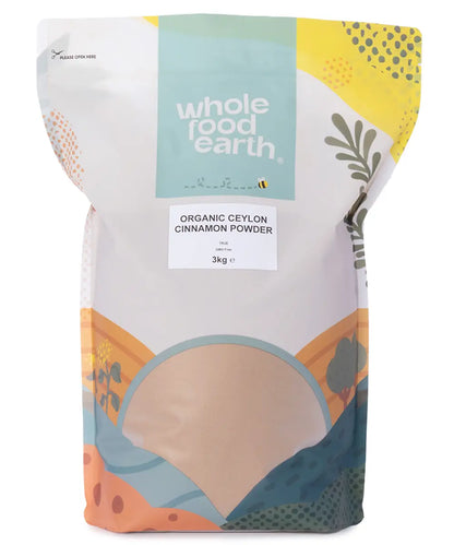 Organic Ceylon Cinnamon powder from Whole Food Earth, showing the fine, light brown spice in a clear container, ideal for herbs and spices.