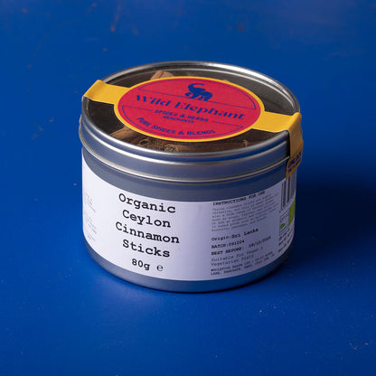 Organic Ceylon cinnamon sticks from Wild Elephant, 80g, in a clear jar showing the fragrant, light brown spice.