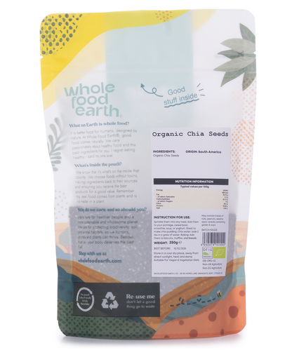 Organic chia seeds in a 250g package from Whole Food Earth, showing small, black and white seeds in a clear container.