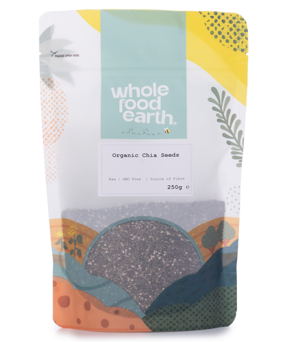 Organic chia seeds from Whole Food Earth, 250g package, small black seeds with a smooth, oval shape on a white background.