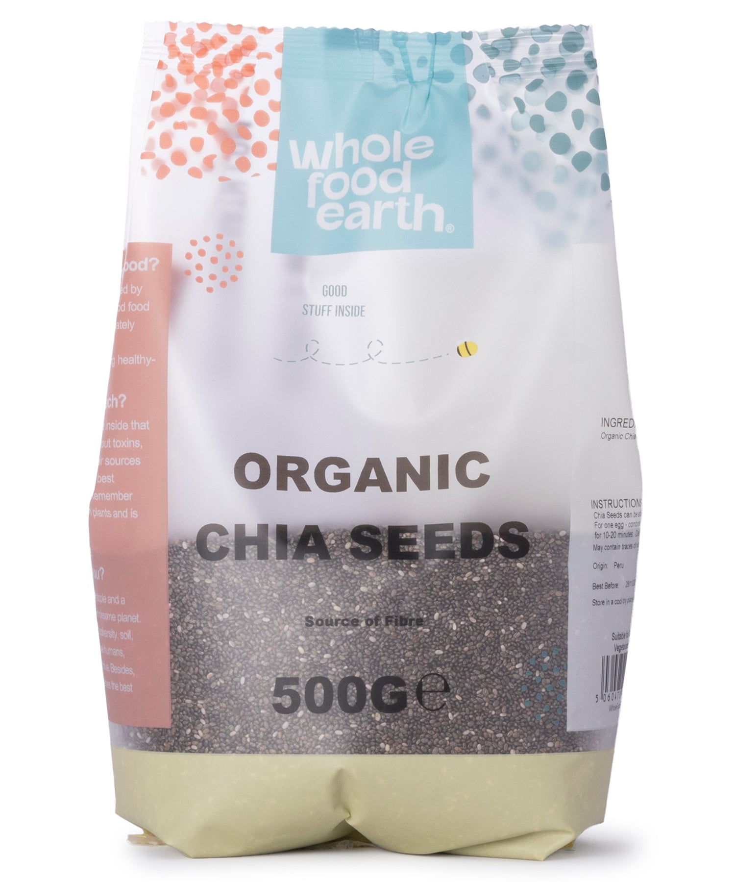 Organic chia seeds in a clear container, showing small black and white seeds from Whole Food Earth on a white background.
