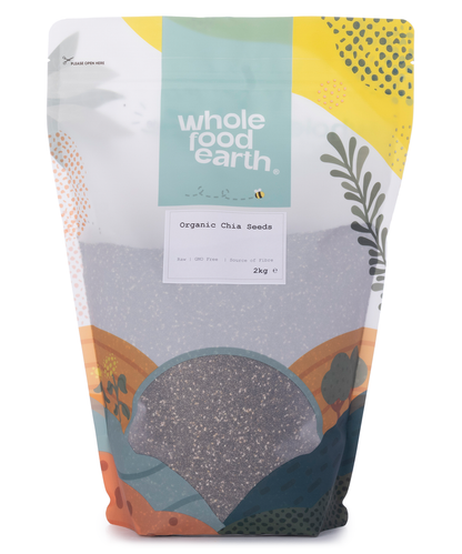 Organic chia seeds in a clear package from Whole Food Earth, showing small black and white seeds suitable for healthy recipes.