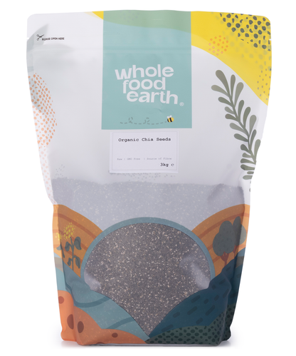 Organic chia seeds from Whole Food Earth in a 3kg bag, showing small black and white seeds in a clear package.