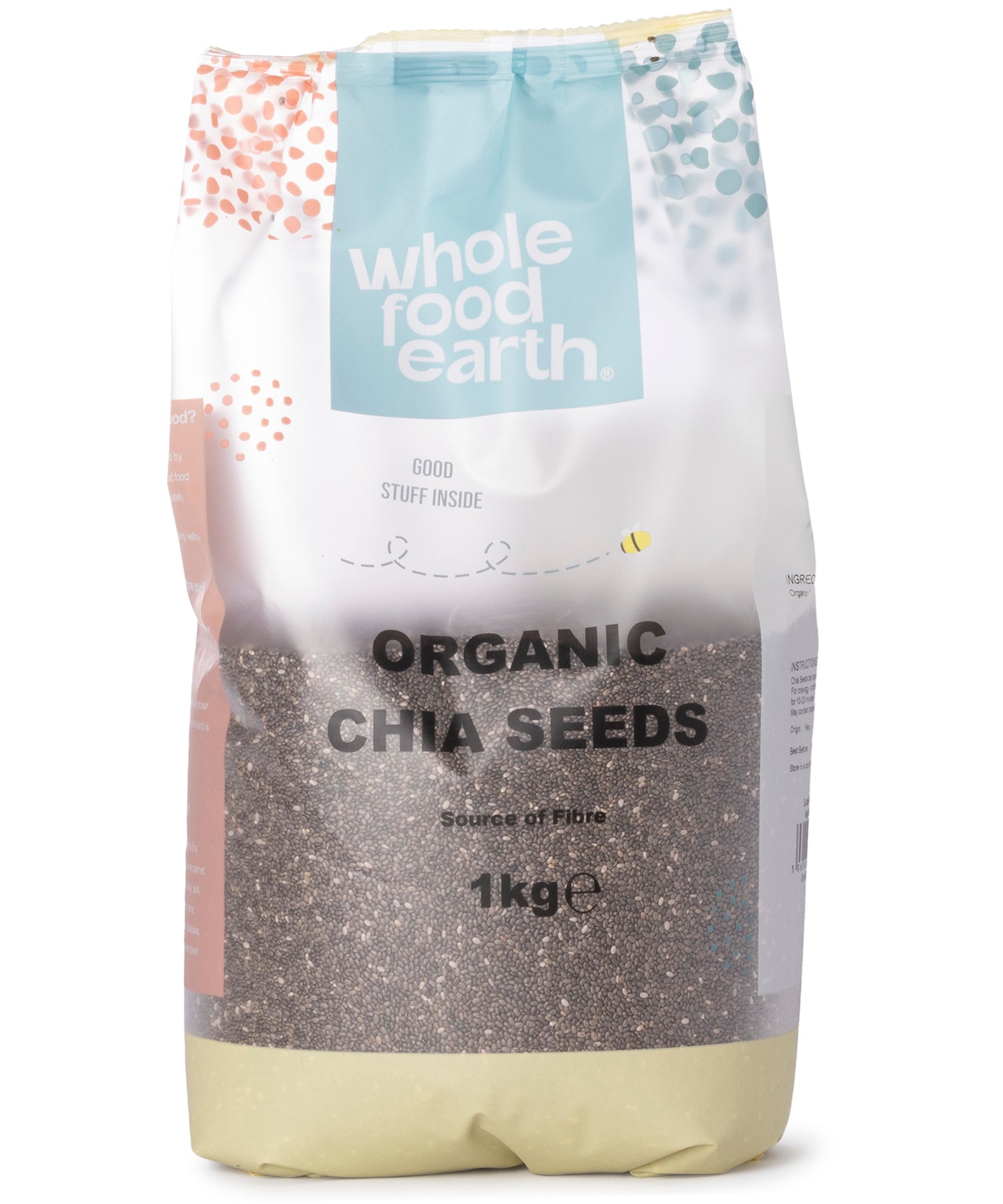 Organic chia seeds from Whole Food Earth in a 1kg package, small black seeds shown in a clear view.