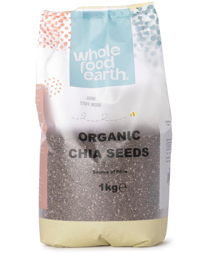 Organic chia seeds from Whole Food Earth in a 1kg package, small black seeds shown in a clear view.