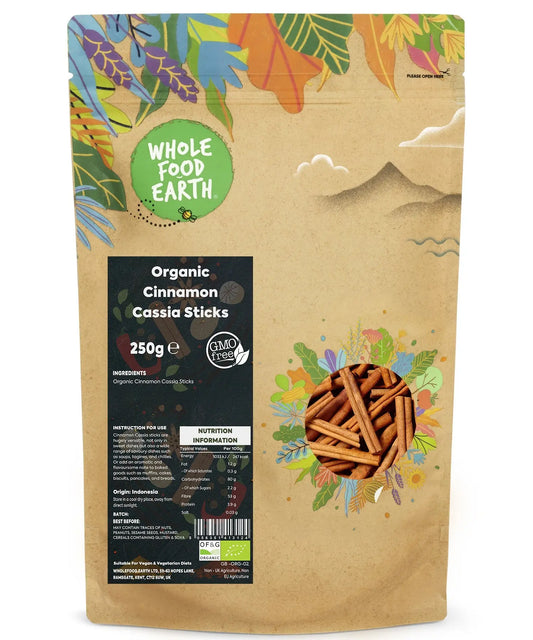 Organic cinnamon cassia sticks from Whole Food Earth, 250g, showing whole, fragrant cinnamon sticks for herbal and spice use.