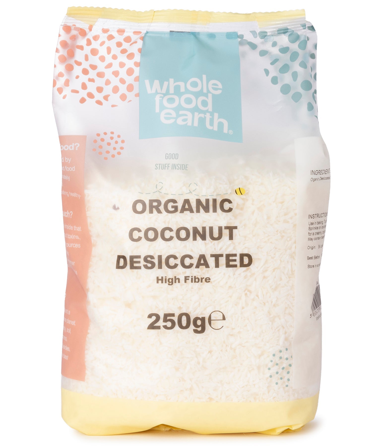 Organic coconut desiccated from Whole Food Earth, shredded dried coconut in a 250g package, suitable for baking and snacking.