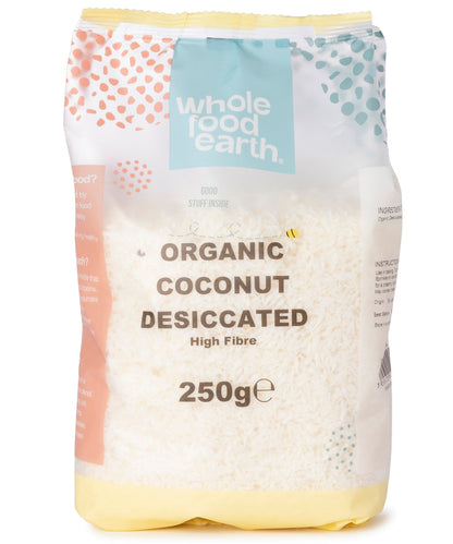 Organic coconut desiccated from Whole Food Earth, shredded dried coconut in a 250g package, suitable for baking and snacking.