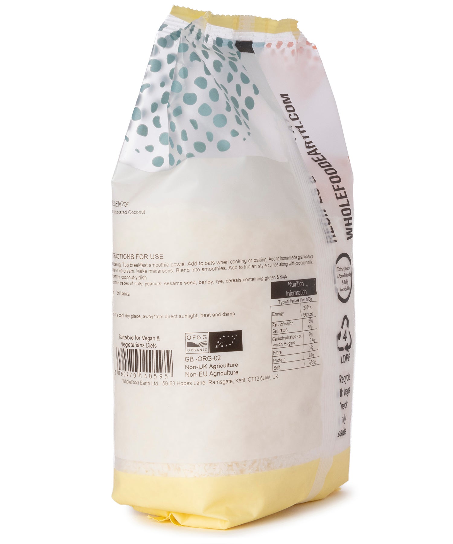 Organic coconut desiccated flakes from Whole Food Earth, dried shredded coconut in a 250g package, ready for baking or snacking.