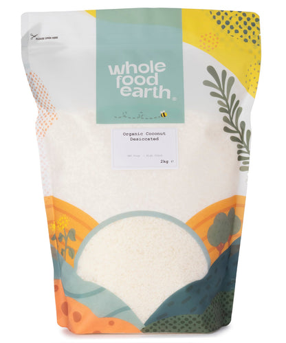 Organic coconut desiccated flakes from Whole Food Earth, dried shredded coconut for baking and cooking, 2kg package.